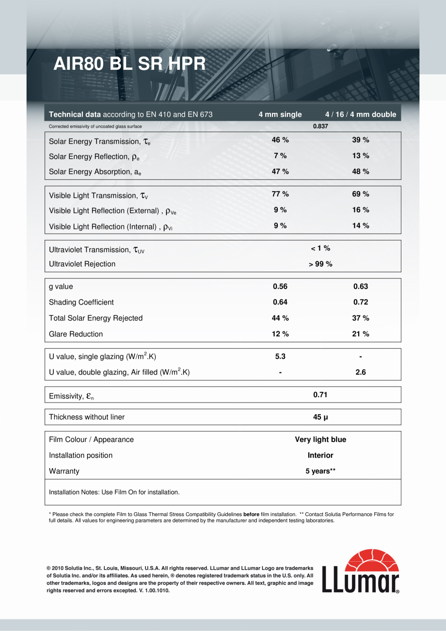 Pagina 1-Fisa tehnica - folii anti-UV protectie vitrine MASTERFOL  LLumar Fisa tehnica Engleza AIR80 BL SR...