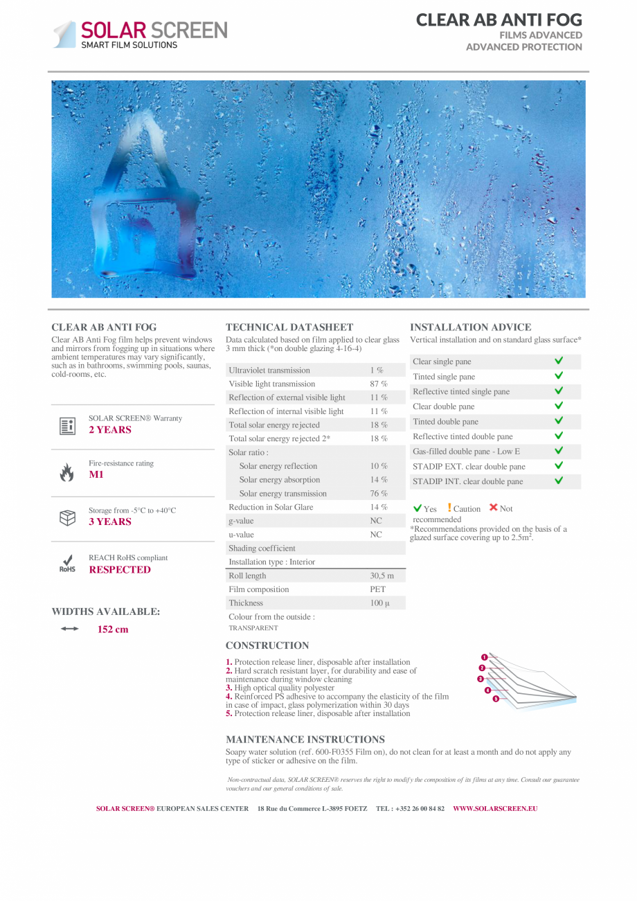 Pagina 1-Folie anti-condens MASTERFOL anti-condens MASTERFOL Fisa tehnica Engleza CLEAR AB ANTI FOG
FILMS...
