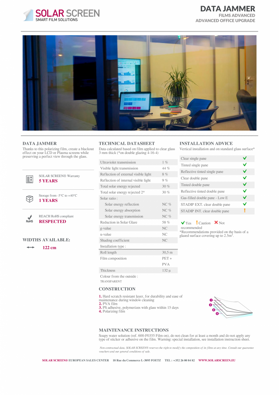 Pagina 1-Folie privacy glass / data jammer pentru birouri MASTERFOL privacy MASTERFOL Fisa tehnica Engleza...