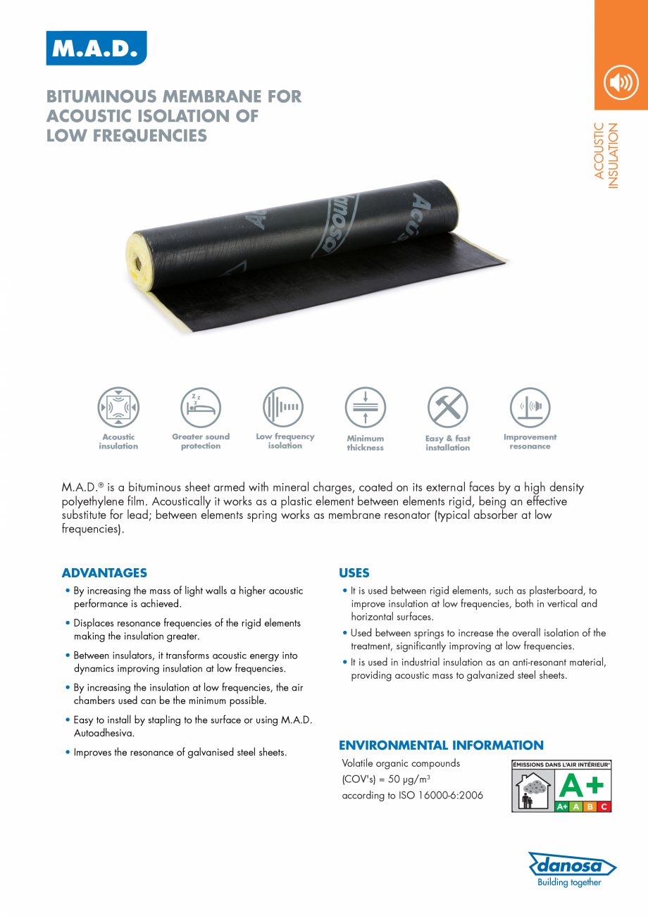 Pagina 1-Membrana acustica Danosa pentru absorbtia frecventelor joase DANOSA Catalog, brosura Engleza M.A.D.
...