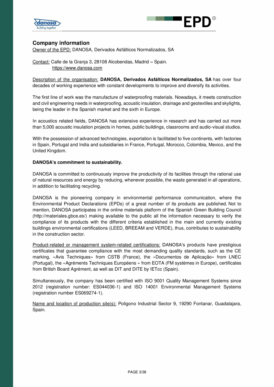 Pagina 2-Declaratie de conformitate  pentru membrana acustica Danosa - UNE-EN 15804 si ISO 14025: DANOSA M.A....