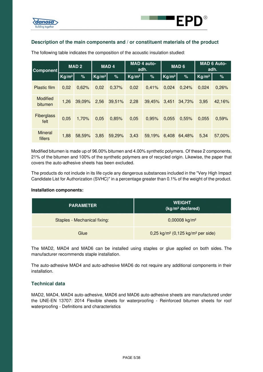 Pagina 4-Declaratie de conformitate  pentru membrana acustica Danosa - UNE-EN 15804 si ISO 14025: DANOSA M.A....