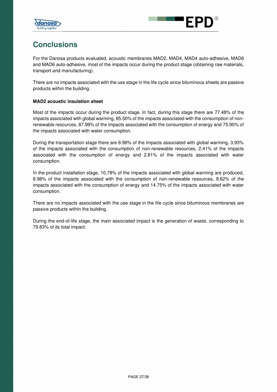 Pagina 27-Declaratie de conformitate  pentru membrana acustica Danosa - UNE-EN 15804 si ISO 14025: DANOSA M.A....