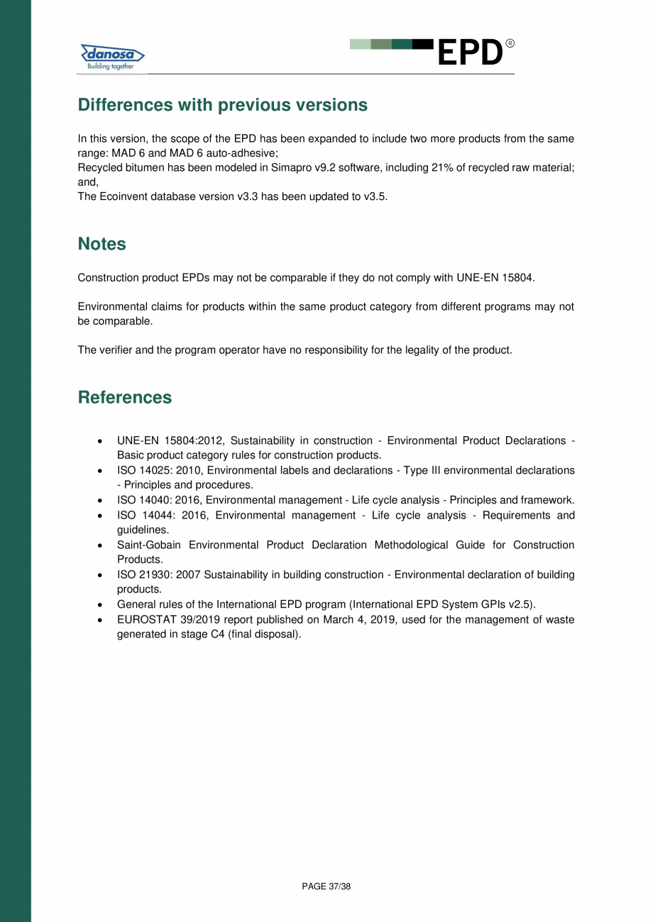 Pagina 37-Declaratie de conformitate  pentru membrana acustica Danosa - UNE-EN 15804 si ISO 14025: DANOSA M.A....