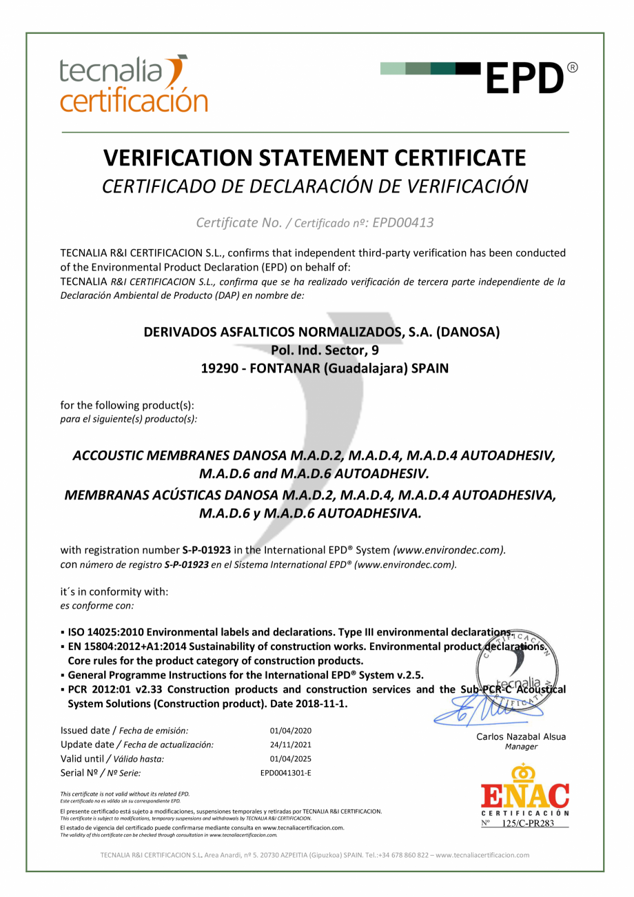 Pagina 38-Declaratie de conformitate  pentru membrana acustica Danosa - UNE-EN 15804 si ISO 14025: DANOSA M.A....