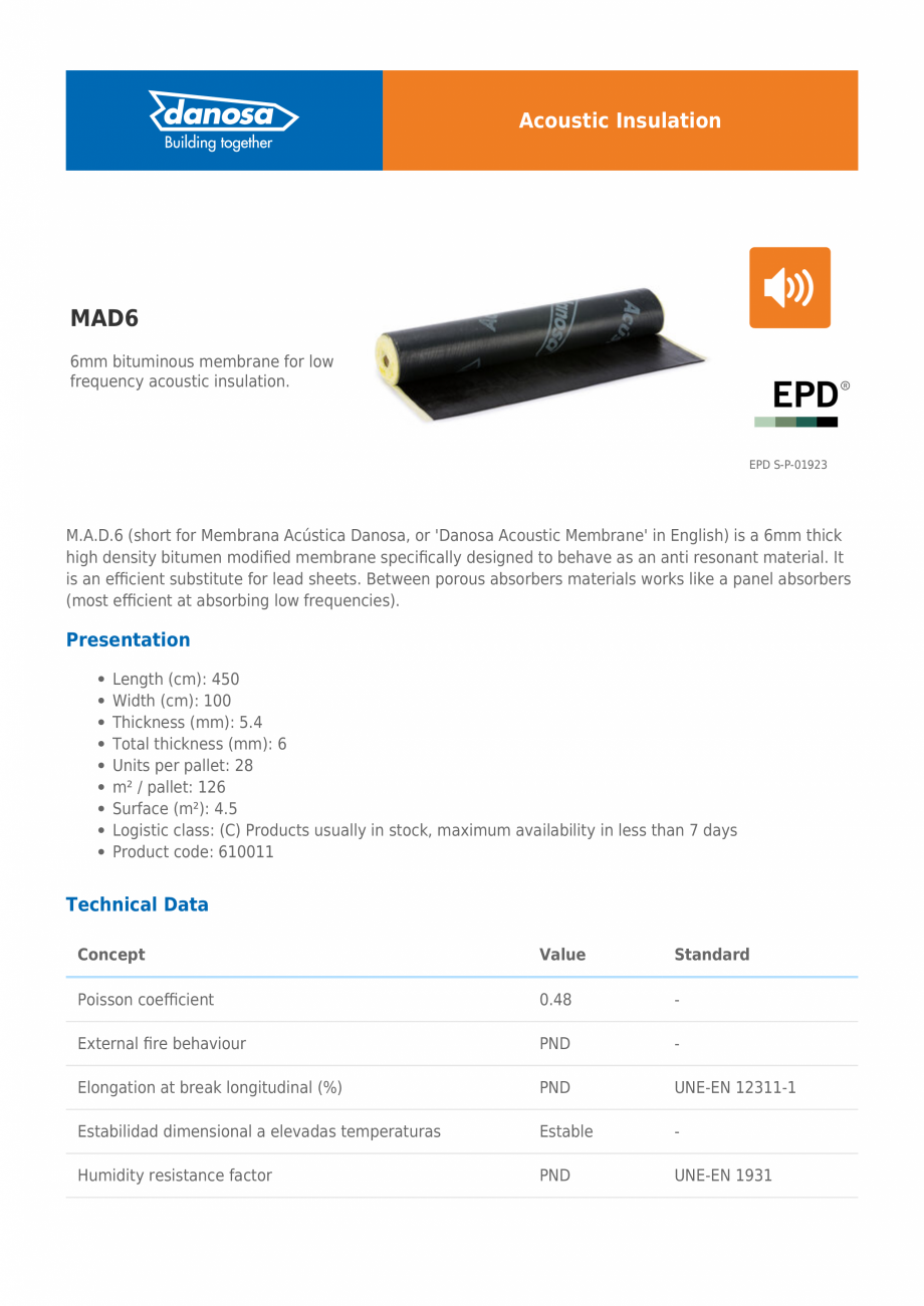 Pagina 1-Membrana acustida Danosa pentru absorbtia frecventelor joase - M.A.D. 6 DANOSA Fisa tehnica Engleza ...