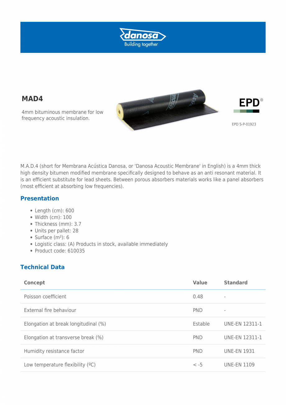 Pagina 1-Membrana acustida Danosa pentru absorbtia frecventelor joase - M.A.D. 4 DANOSA Fisa tehnica Engleza ...