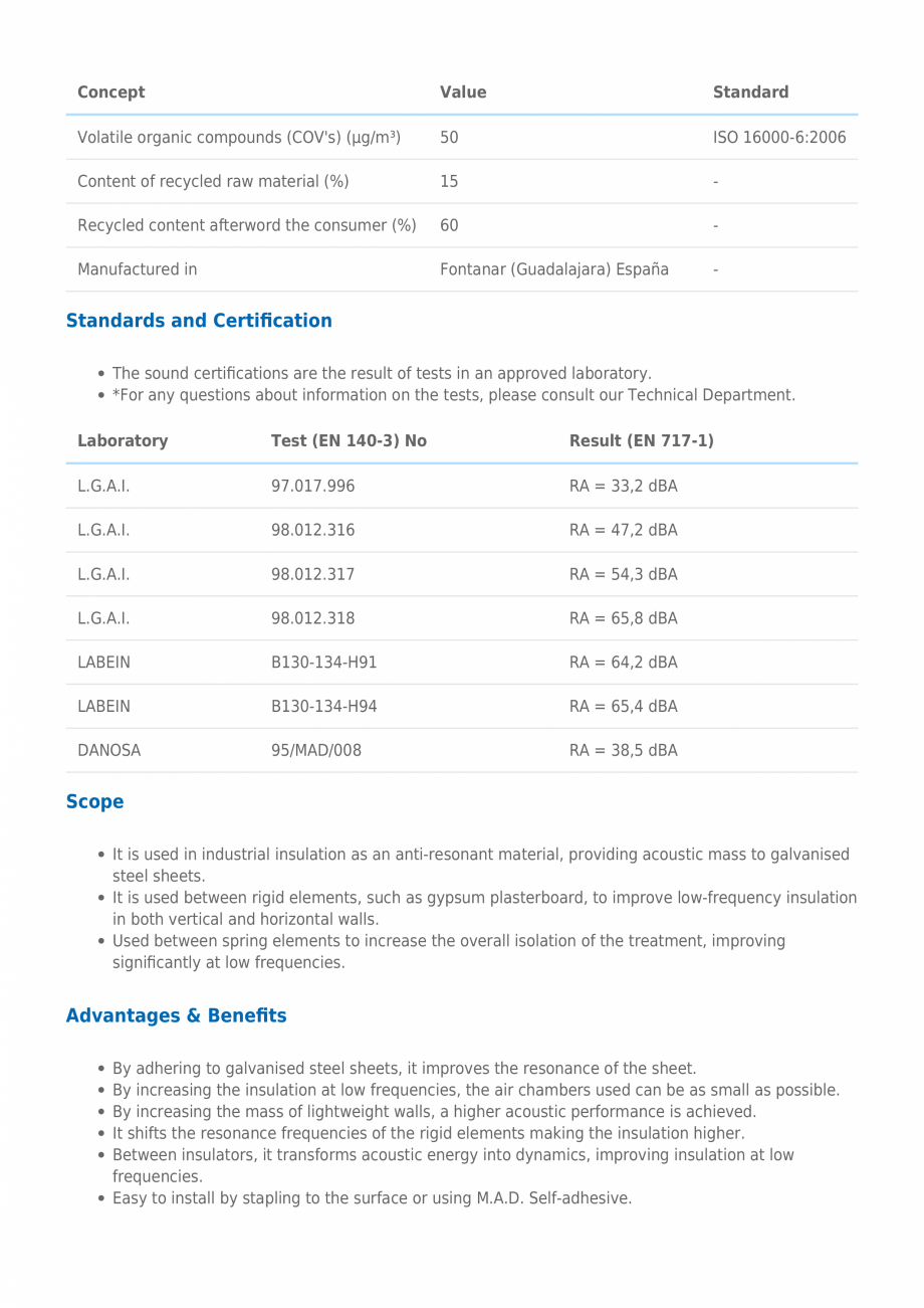 Pagina 3-Membrana acustida Danosa pentru absorbtia frecventelor joase - M.A.D. 4 DANOSA Fisa tehnica Engleza ...