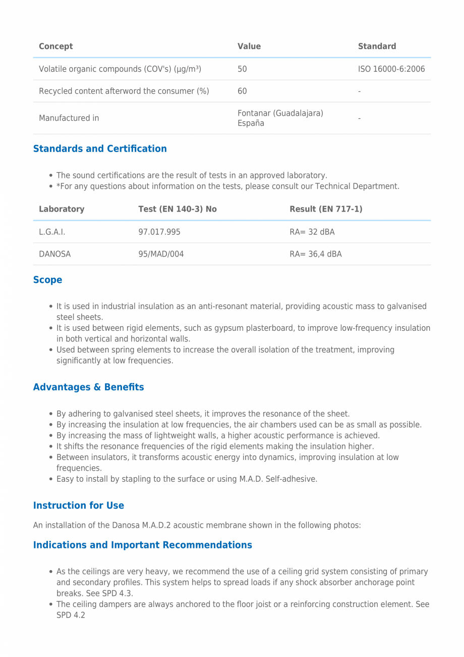 Pagina 3-Membrana acustida Danosa pentru absorbtia frecventelor joase - M.A.D. 2 DANOSA Fisa tehnica Engleza ...