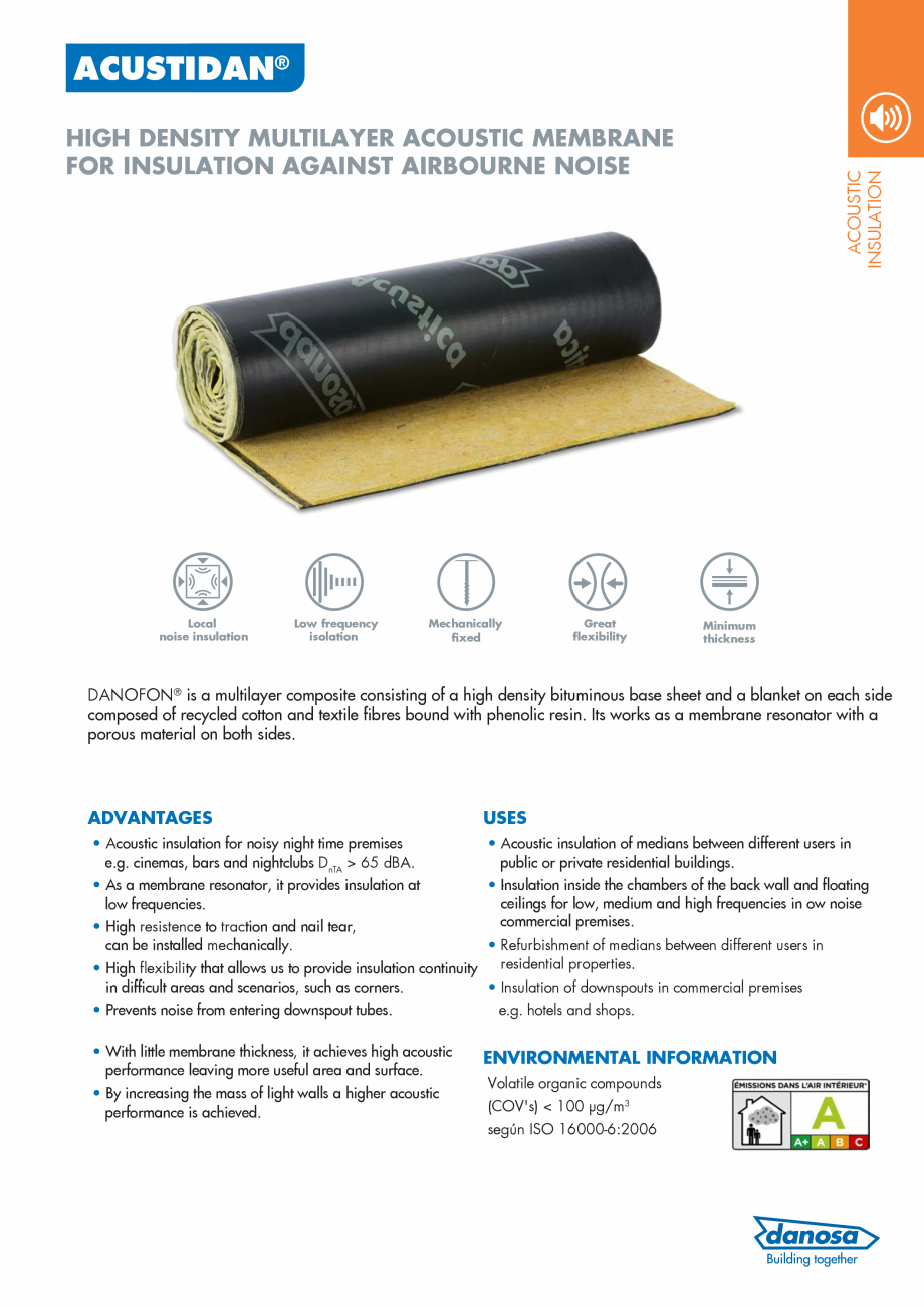 Pagina 1-Panou multistrat pentru izolarea acustica impotriva zgomotului aerian DANOSA ACUSTIDAN Catalog,...