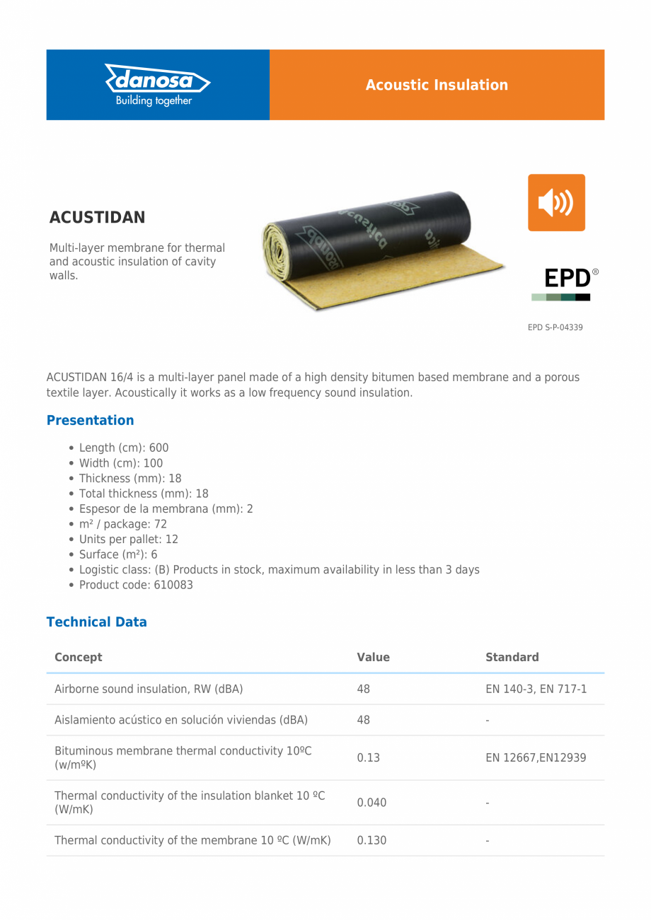 Pagina 1-Panou multistrat pentru izolarea acustica impotriva zgomotului aerian DANOSA ACUSTIDAN Fisa tehnica ...