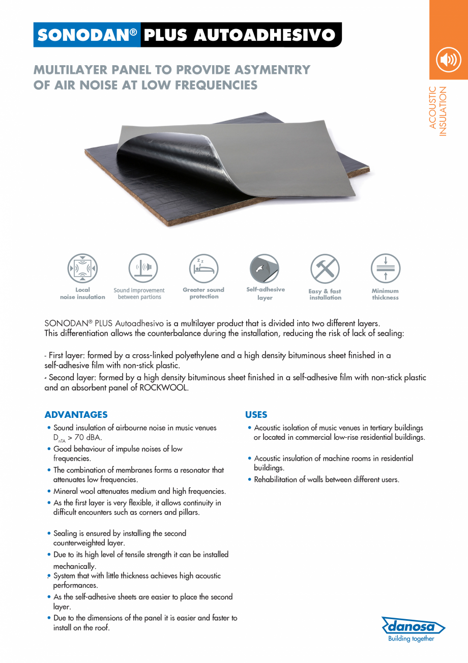 Pagina 1-Panou fonoizolant pentru frecventele joase din spatiul aerian DANOSA SONODAN PLUS Catalog, brosura...