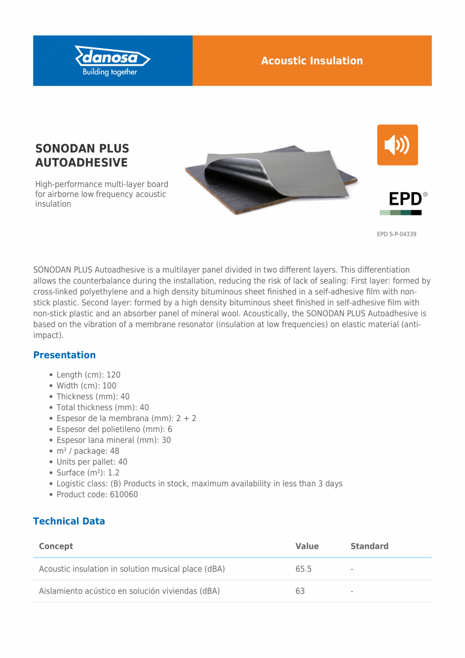 Pagina 1-Panou fonoizolant pentru frecventele joase din spatiul aerian DANOSA SONODAN PLUS Fisa tehnica...