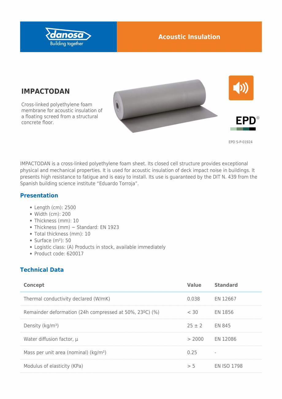 Pagina 1-Membrana flexibila pentru izolarea acustica a zgomotului de impact DANOSA IMPACTODAN Fisa tehnica...
