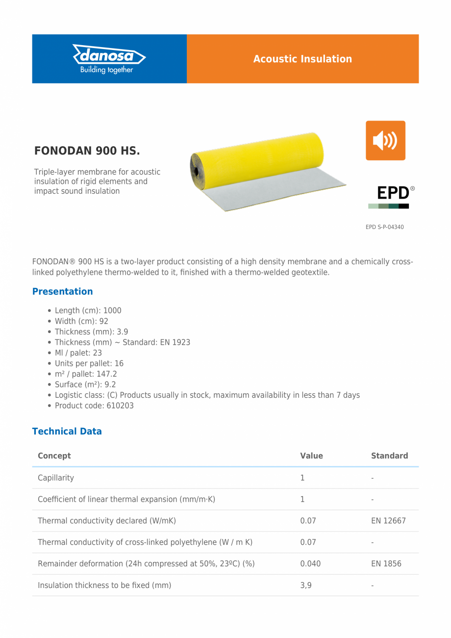 Pagina 1-Membrana fonoizolanta pentru izolare acustica DANOSA FONODAN 900 HS Fisa tehnica Engleza Acoustic...