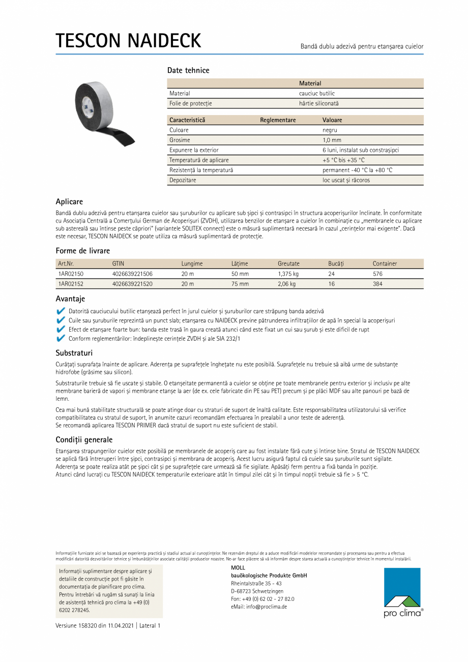 Pagina 1-Banda pentru etansarea cuielor si suruburilor Pro Clima TESCON NAIDECK Fisa tehnica Romana TESCON...