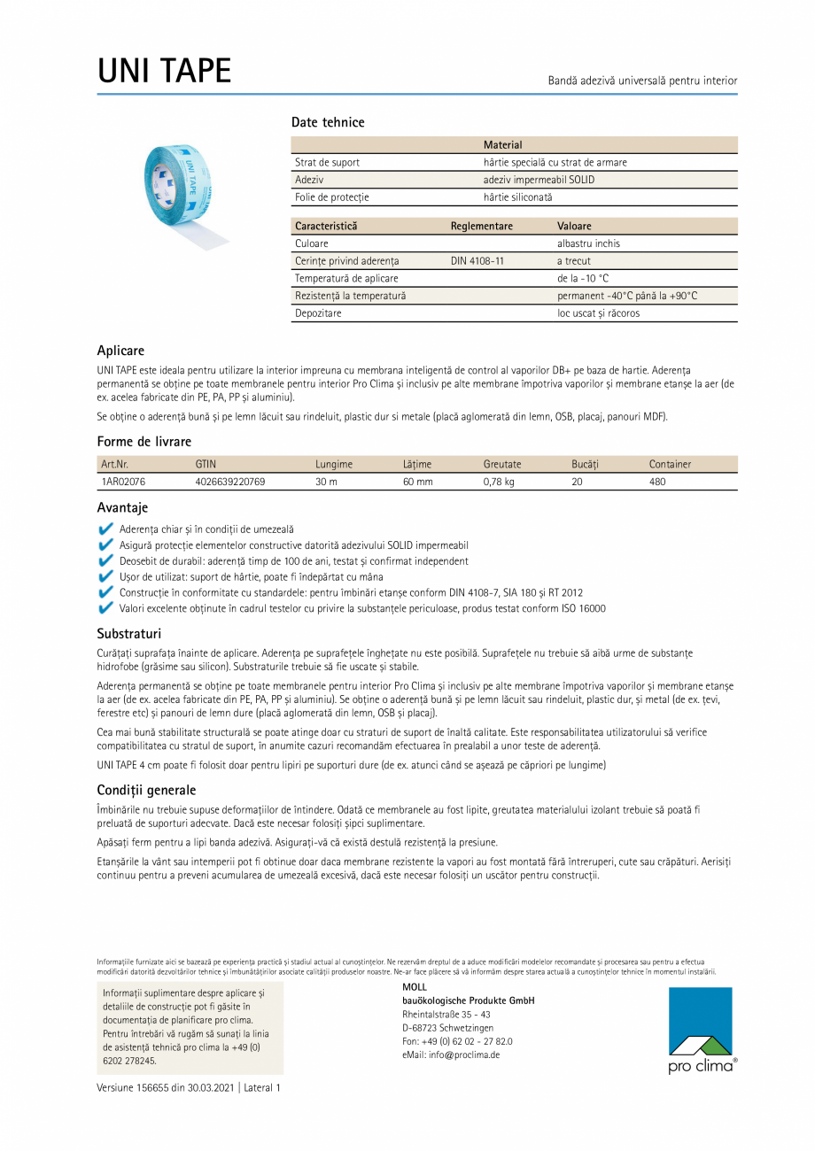 Pagina 1-Banda adeziva de etansare la aer din hartie reciclata Pro Clima UNI TAPE Fisa tehnica Romana UNI...