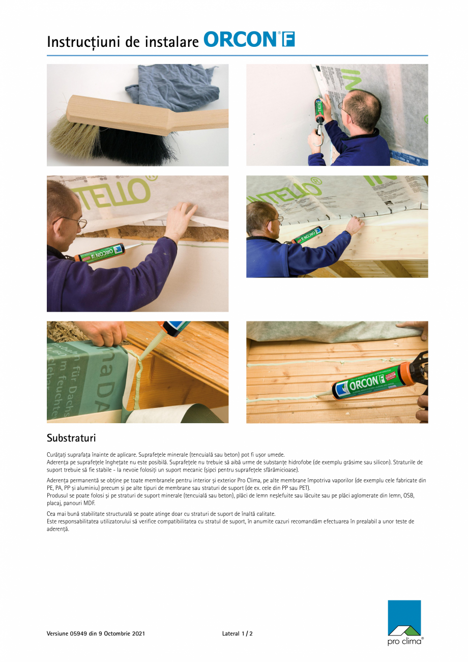 Pagina 1-Adeziv pentru sigilarea membranelor  Pro Clima ORCON F Instructiuni montaj, utilizare Romana...
