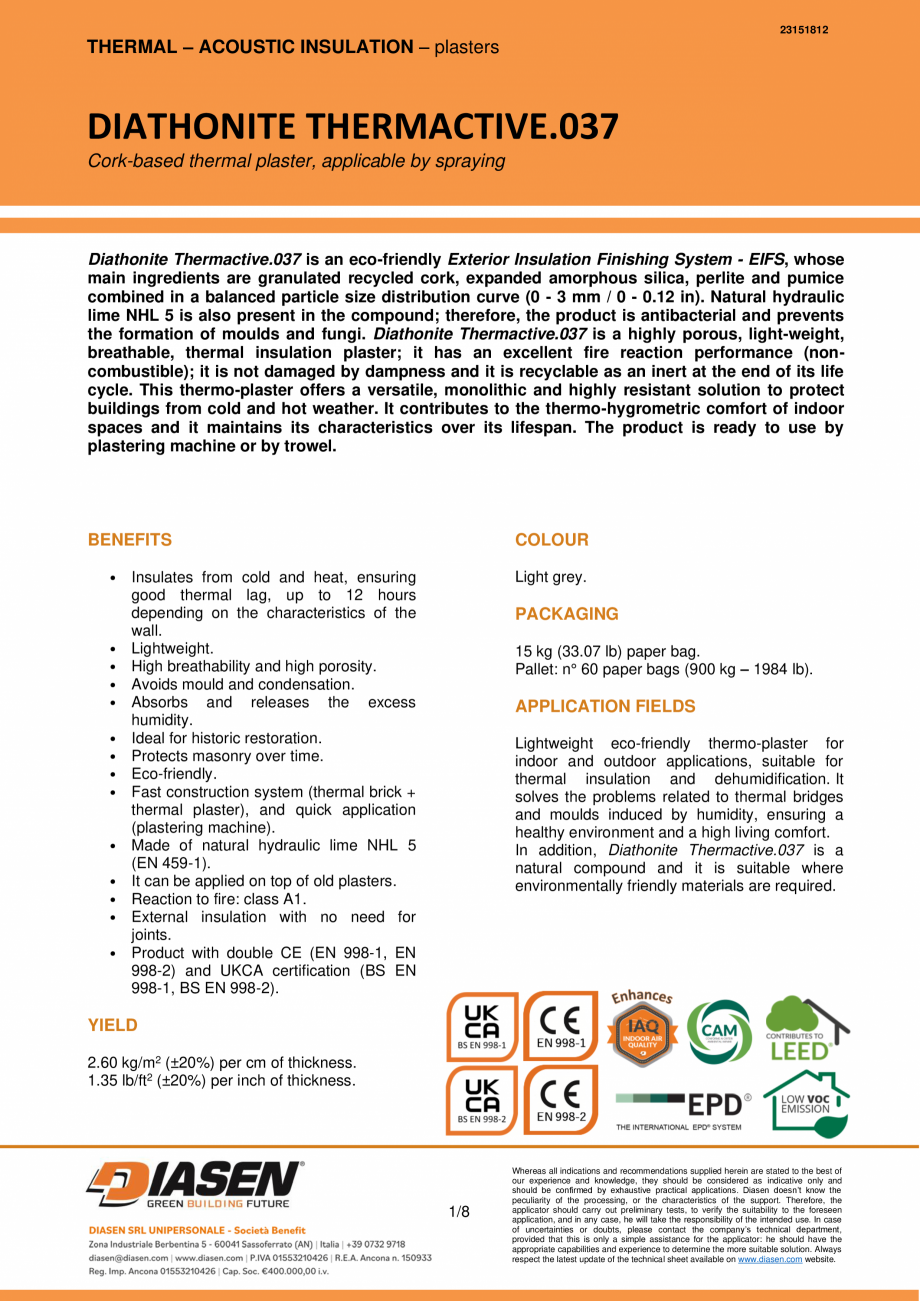 Pagina 1-Tencuiala termoizolanta naturala cu pluta NZEBSHOP Diathonite Thermactive .037  Fisa tehnica Engleza...