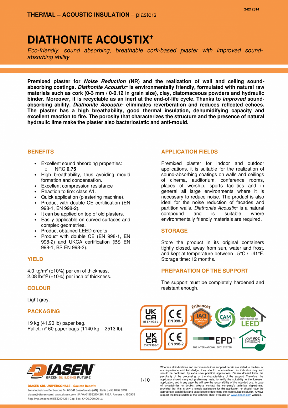 Pagina 1-Tencuiala fonoabsorbanta si acustica din pluta NZEBSHOP Acoustix Plus Fisa tehnica Engleza 24212314
...