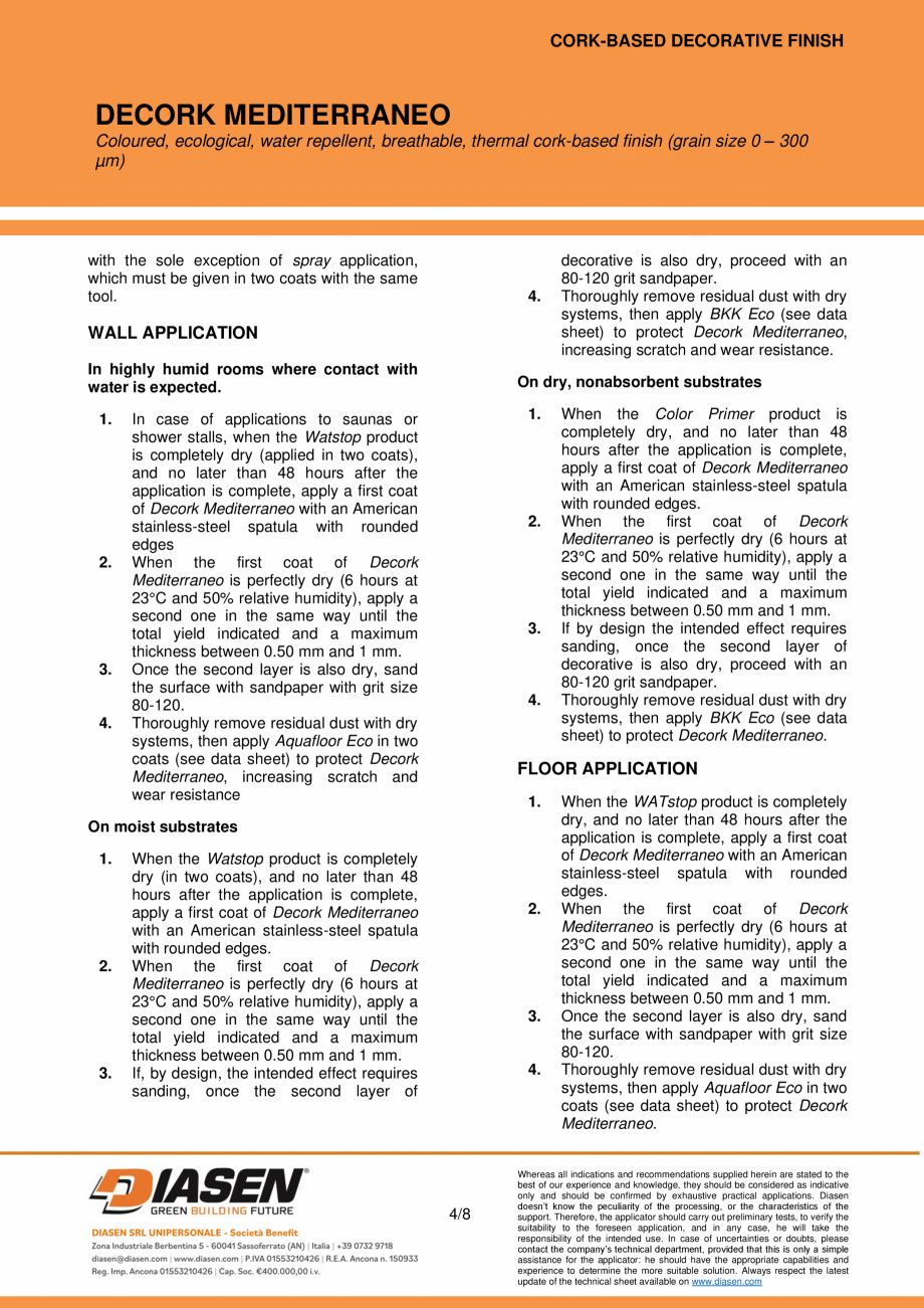 Pagina 4-Tencuiala decorativa din pluta NZEBSHOP Decork Mediterraneo Fisa tehnica Engleza e applicator should...