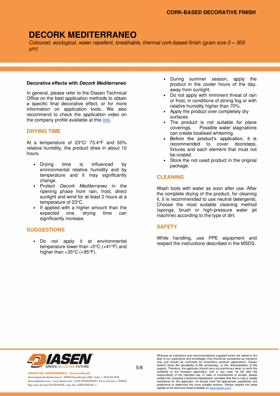 Pagina 5-Tencuiala decorativa din pluta NZEBSHOP Decork Mediterraneo Fisa tehnica Engleza 
or total removal...