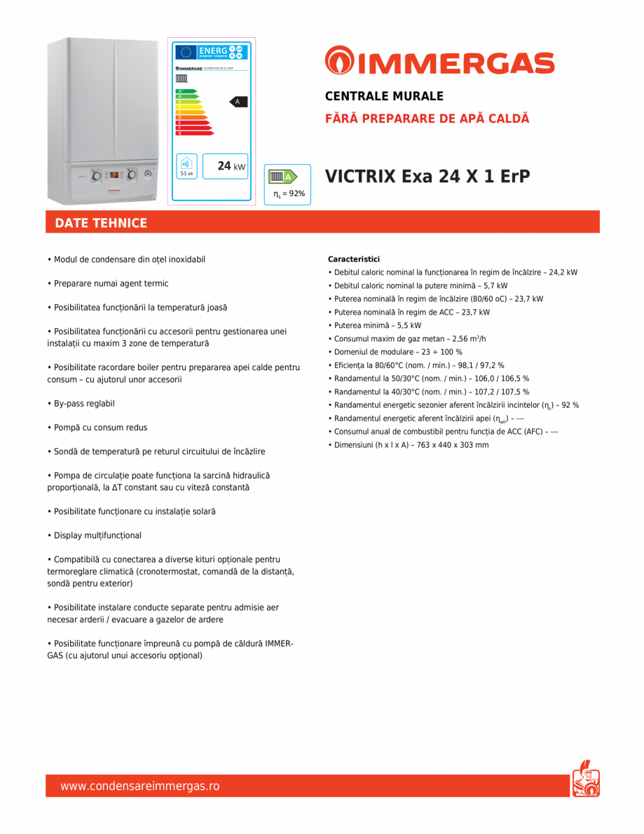 Pagina 1-Centrala murala fara preparare de apa calda IMMERGAS VICTRIX Exa 24 X 1 ErP Fisa tehnica Romana...