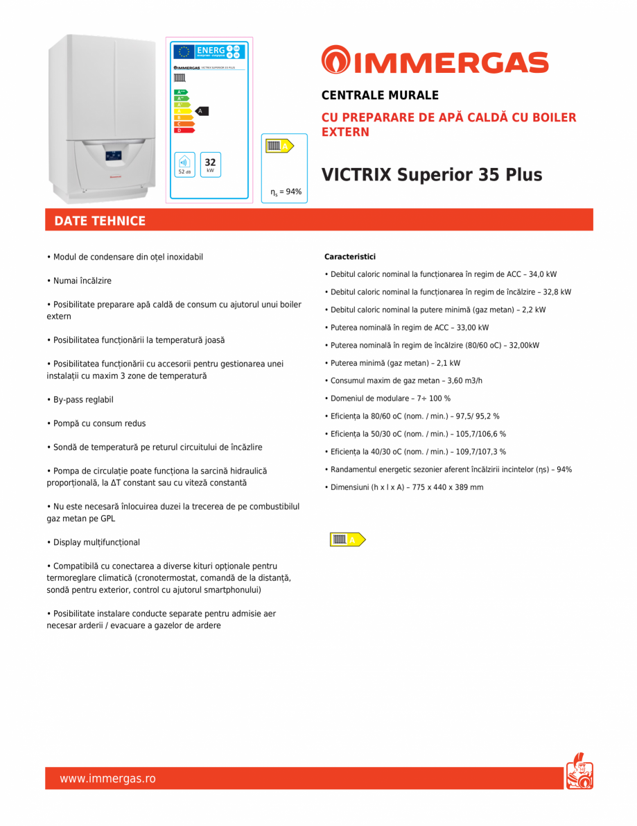 Pagina 1-Centrala cu preparare de apa calda cu boiler extern IMMERGAS VICTRIX Superior 35 Plus Fisa tehnica...