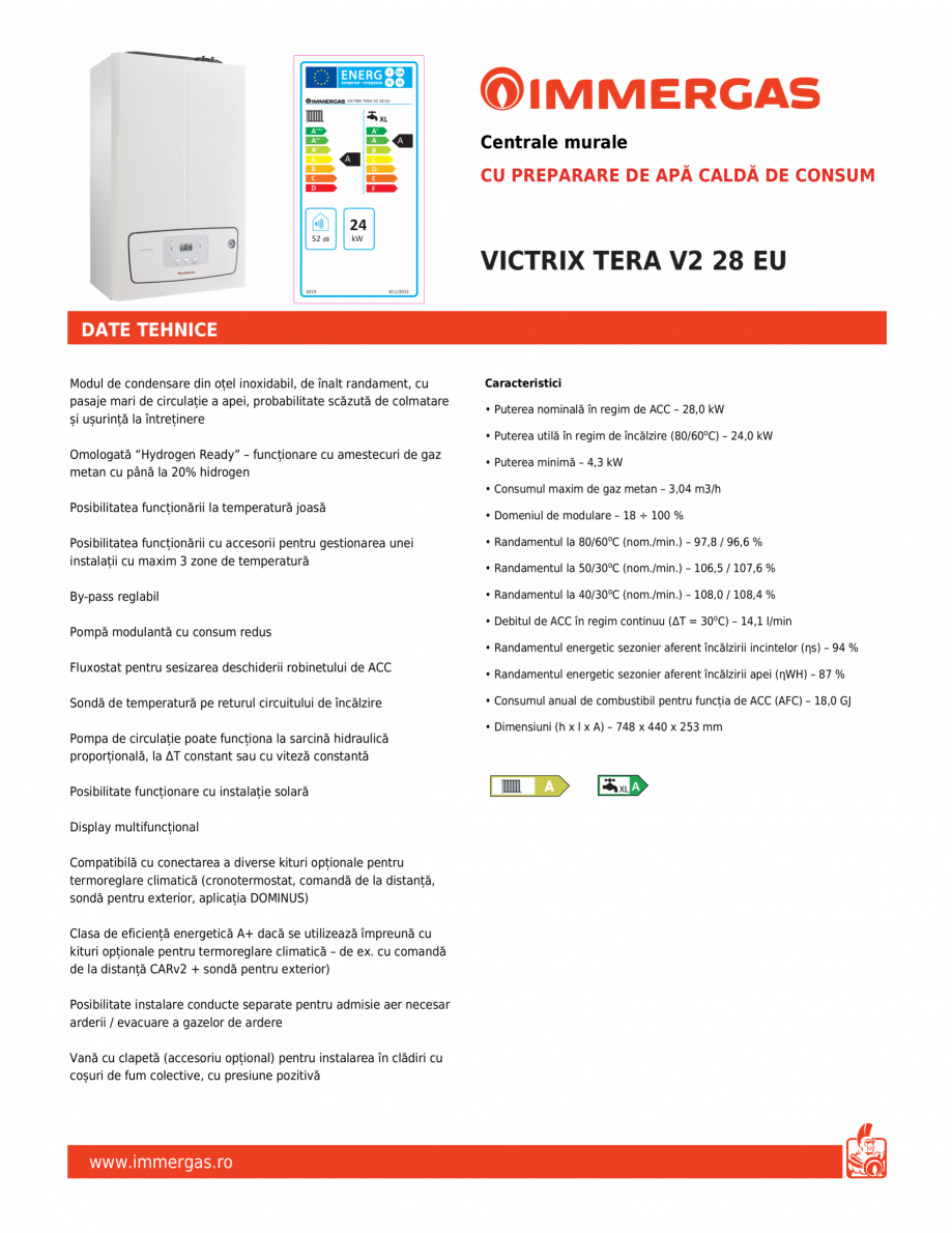 Pagina 1-Centrala cu preparare de apa calda de consum IMMERGAS VICTRIX Tera V2 28 EU Fisa tehnica Romana Y
...