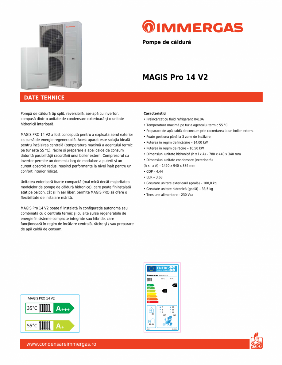 Pagina 1-Pompa de caldura split, reversibila, aer-apa IMMERGAS MAGIS Pro 14 V2 Fisa tehnica Romana Pompe de...