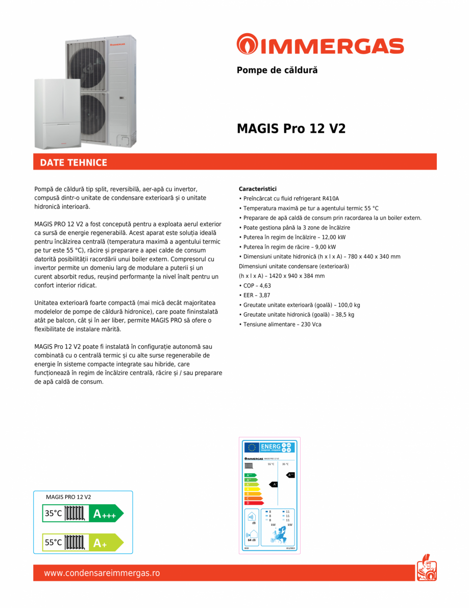 Pagina 1-Pompa de caldura split, reversibila, aer-apa IMMERGAS MAGIS Pro 12 V2 Fisa tehnica Romana Pompe de...