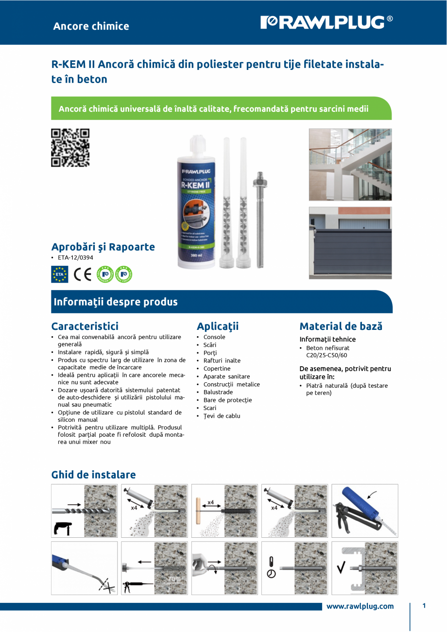 Pagina 1-Ancora chimica din poliester pentru tije filetate instalate in beton RAWLPLUG R-KEM II Specificații...