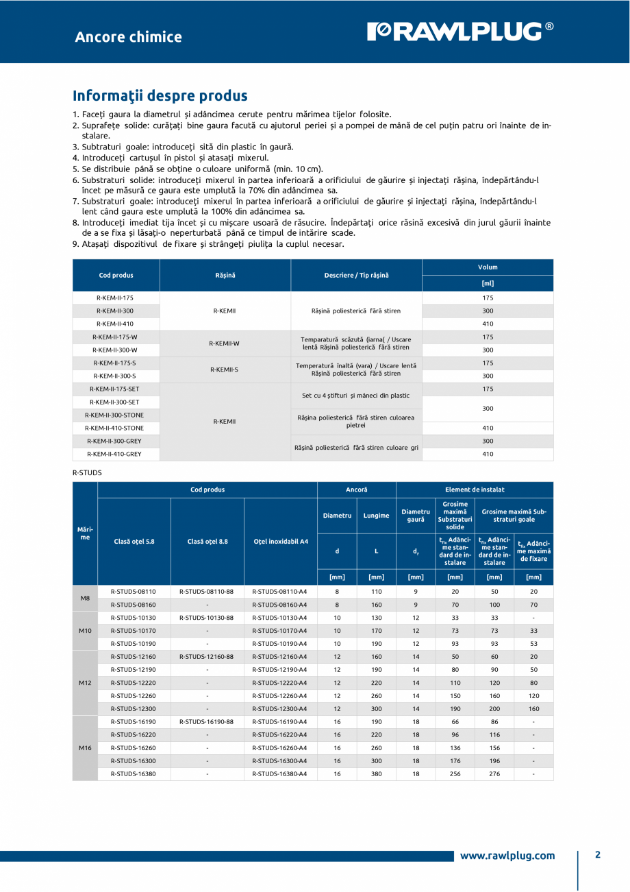Pagina 2-Ancora chimica din poliester pentru tije filetate instalate in zidarie RAWLPLUG R-KEM II...