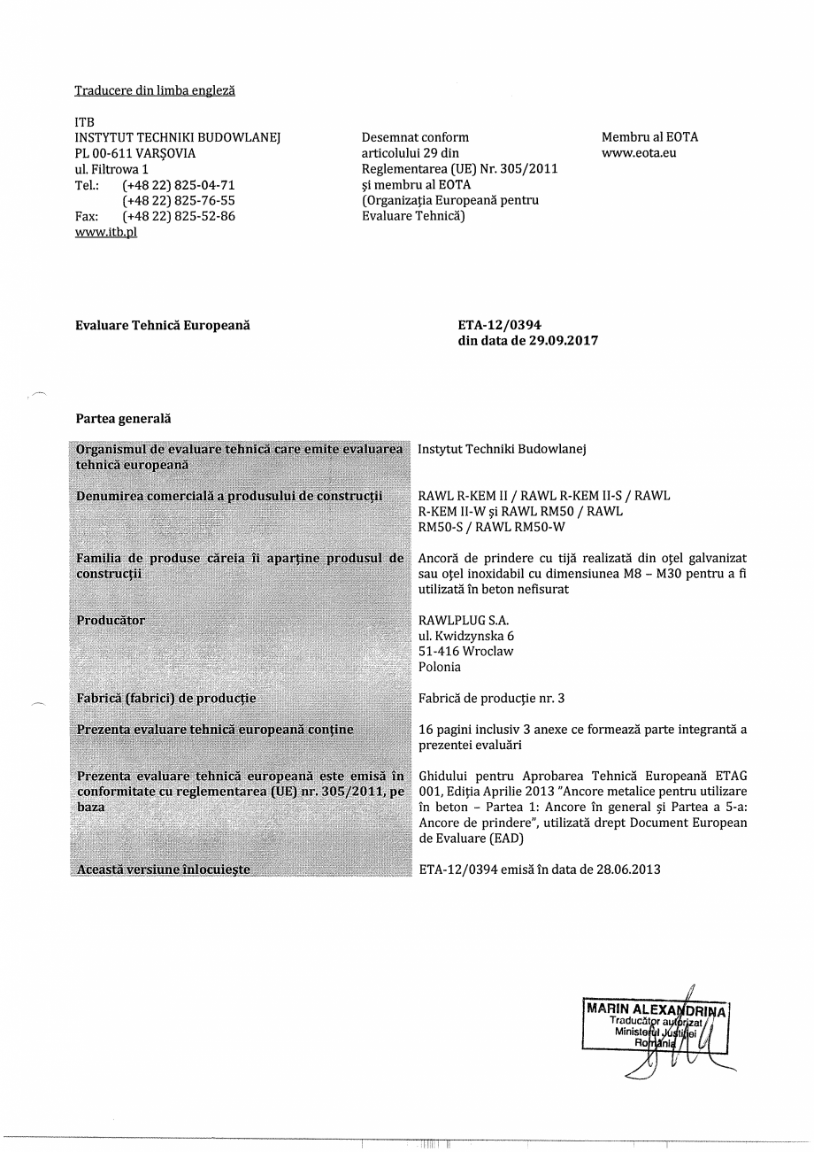 Pagina 1-Agrement  - ETA 12-0394 pentru ancora chimica R-KEM II pentru ancorare in beton RAWLPLUG Certificare...
