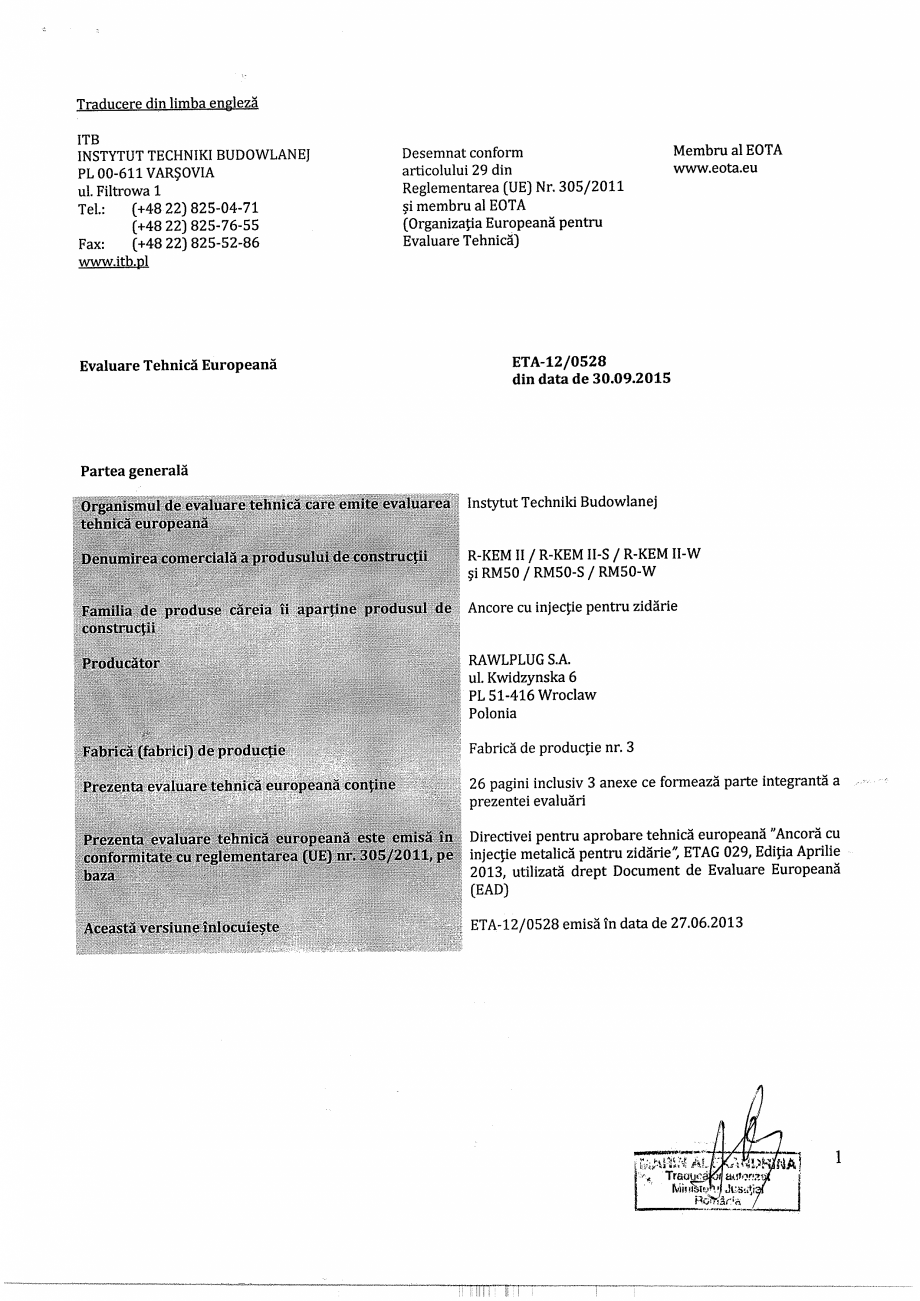 Pagina 1-Agrement - ETA 12-0528 pentru ancora chimica R-KEM II pentru ancorare in zidarie RAWLPLUG...