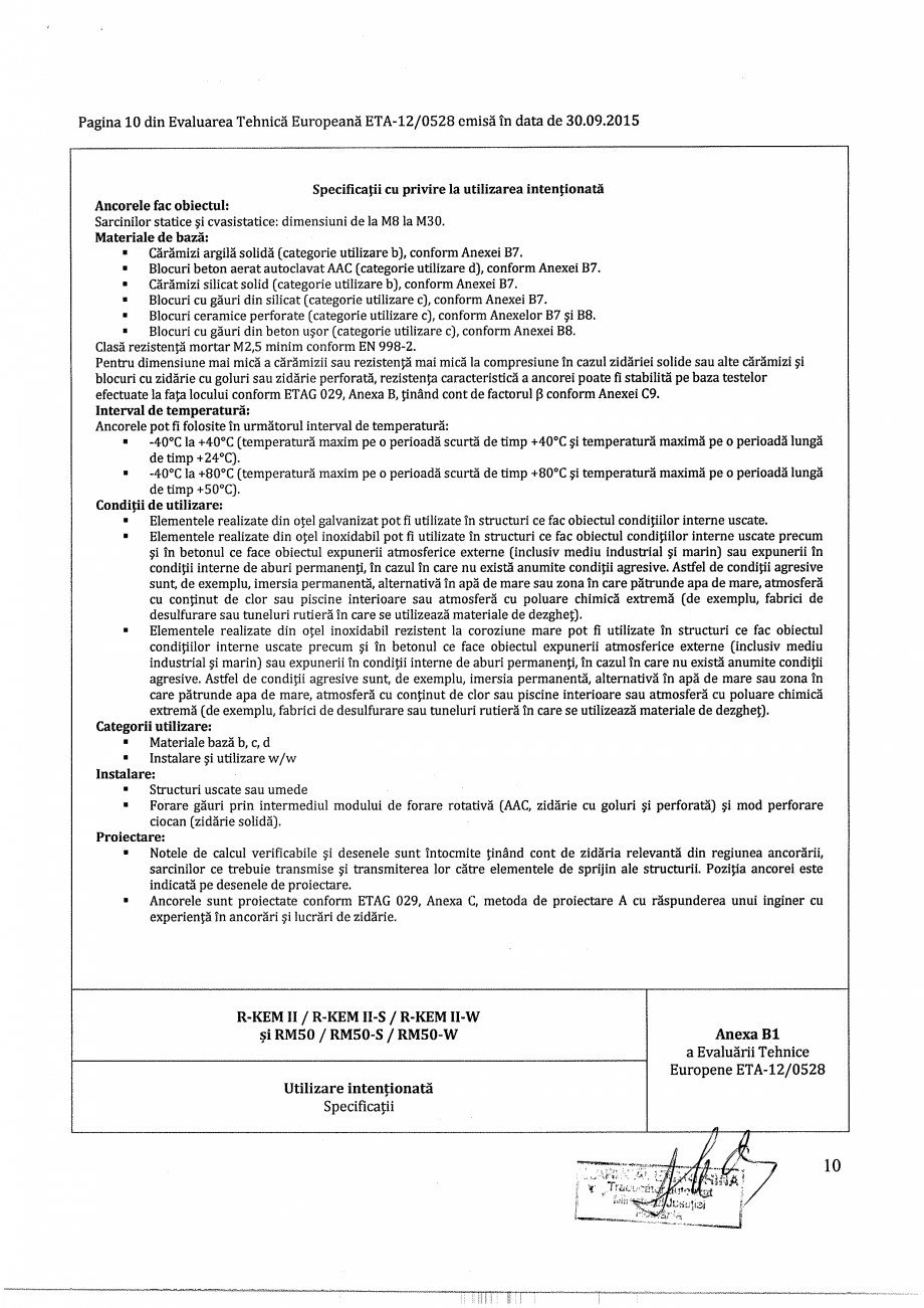 Pagina 10-Agrement - ETA 12-0528 pentru ancora chimica R-KEM II pentru ancorare in zidarie RAWLPLUG...