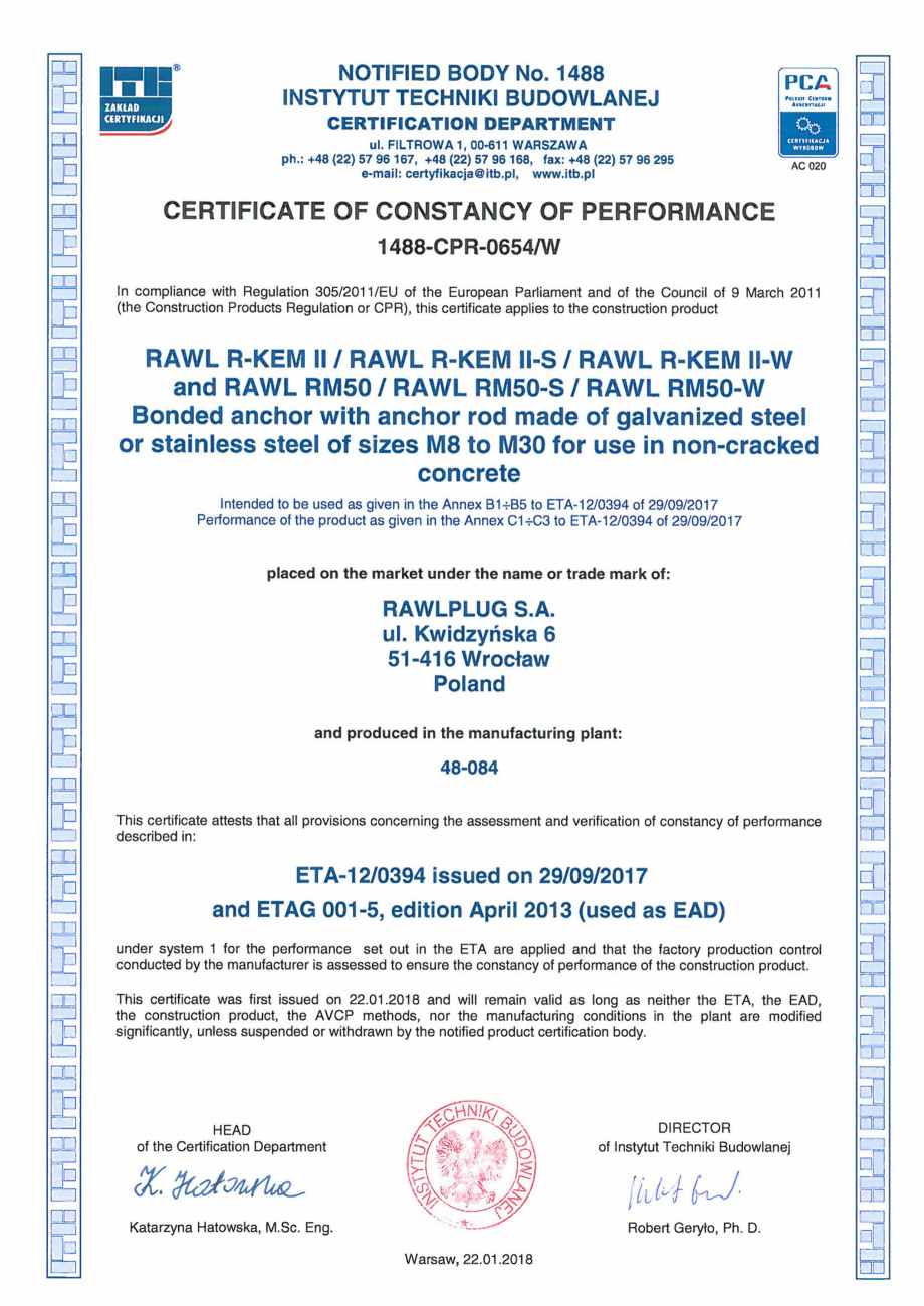 Pagina 1-Certificat de constanta a performantei pentru ancora chimica RAWLPLUG R-KEM II Certificare produs...
