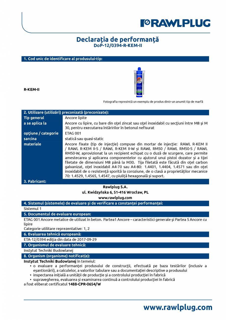 Pagina 10-Declarația de performanță pentru ancora chimică R-KEM-II RAWLPLUG R-KEM II Certificare produs...