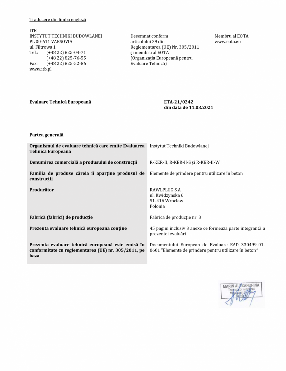 Pagina 1-Agrement ETA 21-0242 pentru ancora chimică R-KER II RAWLPLUG R-KER II  HYBRID Certificare produs...