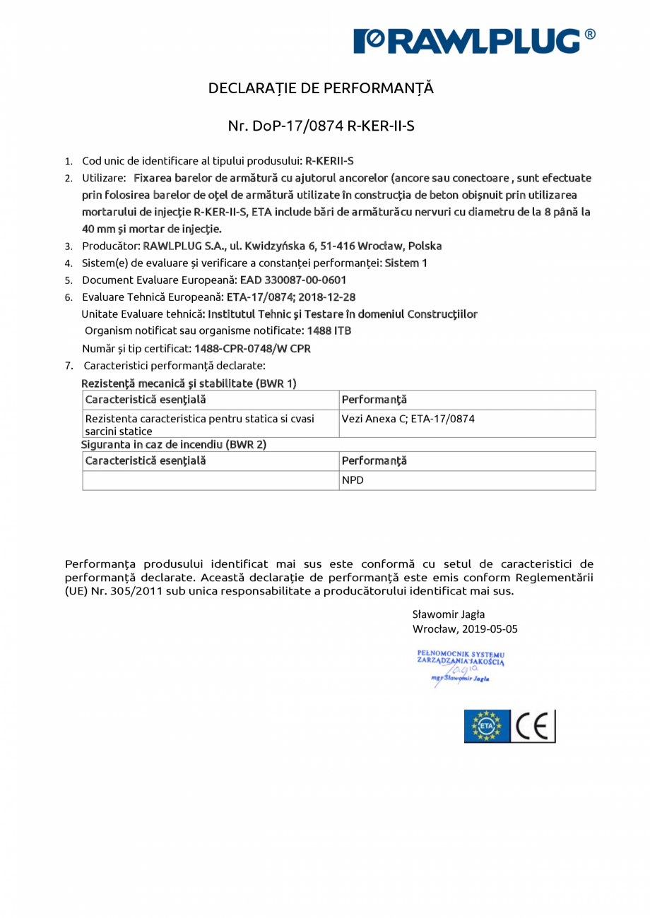 Pagina 1-Declarația de performanta pentru ancora chimica R-KER-II cu imbinare cu armatura post-instalata,...