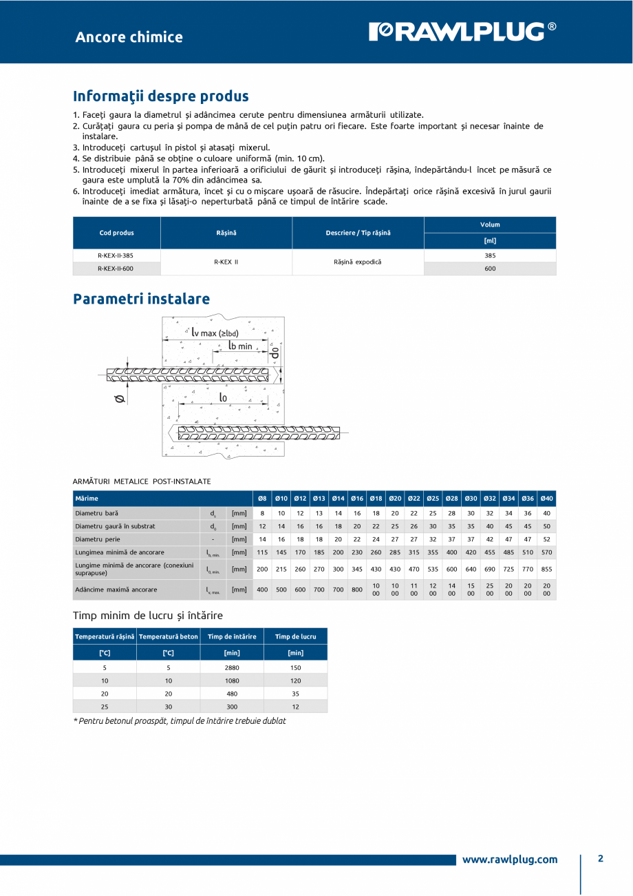Pagina 2-Ancora epoxidica R-KEX-II cu imbinare cu armatura post-instalata RAWLPLUG R-KEX II Specificații...