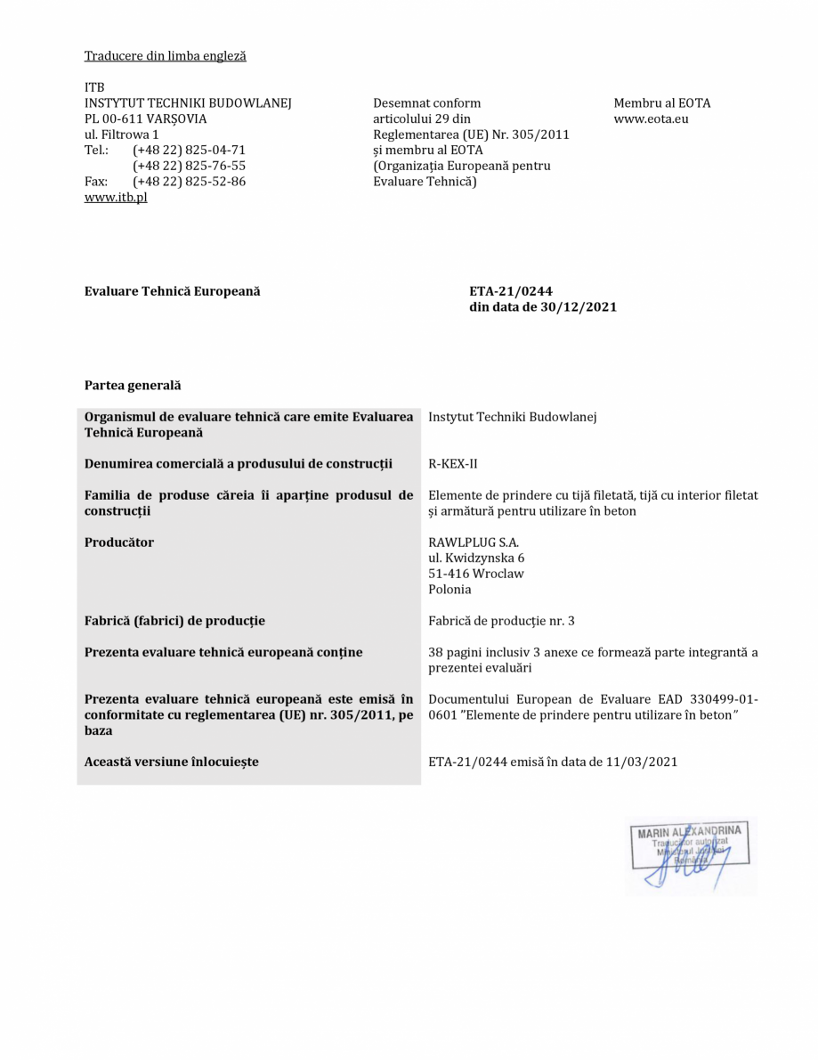 Pagina 1-Agrement ETA 13-0244 pentru ancora chimică R-KEX II RAWLPLUG Certificare produs Romana Traducere...