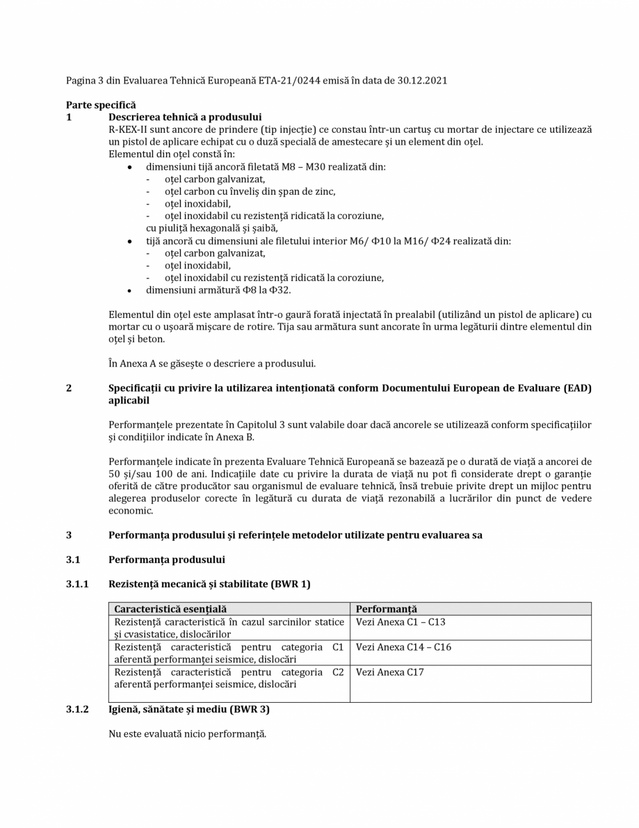 Pagina 3-Agrement ETA 13-0244 pentru ancora chimică R-KEX II RAWLPLUG Certificare produs Romana spunzător.
...