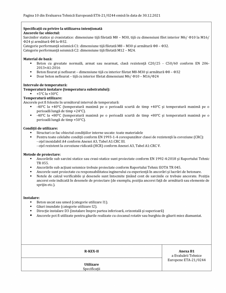 Pagina 10-Agrement ETA 13-0244 pentru ancora chimică R-KEX II RAWLPLUG Certificare produs Romana oțel...