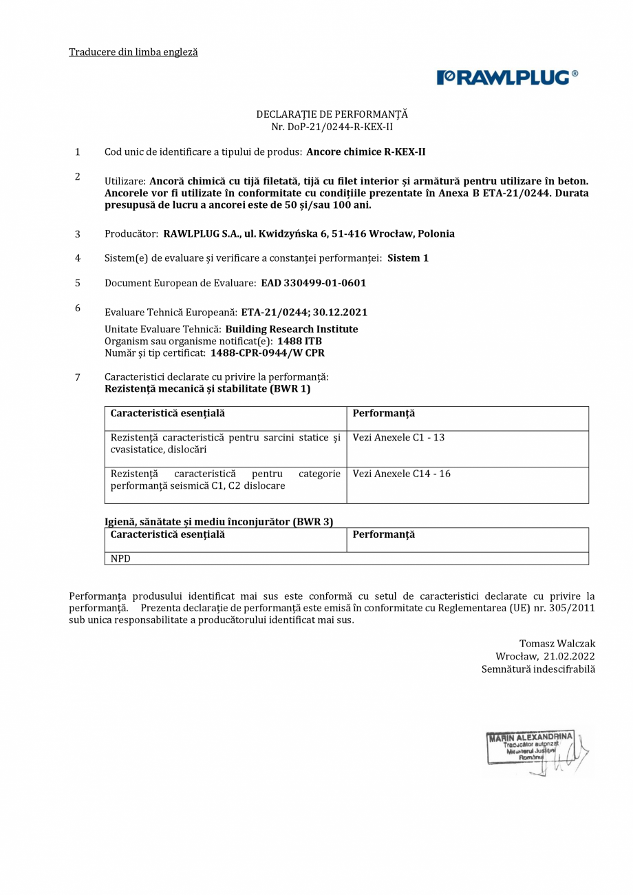 Pagina 1-Declarația de performanta pentru ancora chimica R-KEX-II RAWLPLUG R-KEX II Certificare produs...