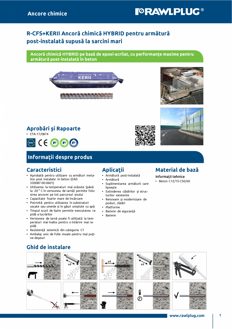 Pagina 1-Ancora chimica HYBRID cu imbinare cu armatura post-instalata RAWLPLUG R-CFS+KERII Specificații...