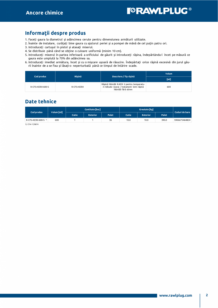 Pagina 2-Ancora chimica HYBRID cu imbinare cu armatura post-instalata RAWLPLUG R-CFS+KERII Specificații...