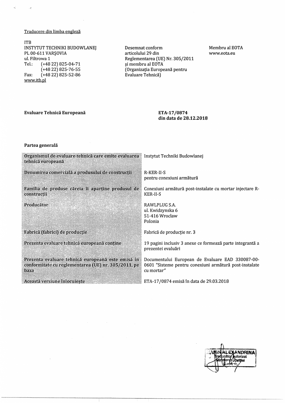 Pagina 1-Agrement ETA 17-0874 pentru ancora chimica R-KER-II cu imbinare cu armatura post-instalata RAWLPLUG ...