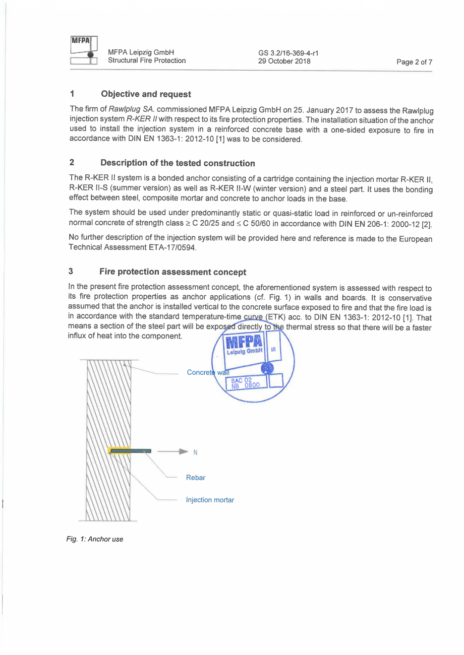 Pagina 2-Raport de evaluare a rezistenței la foc MFPA GS 3.2 16-369-4-r1, Engleză RAWLPLUG R-CFS+KERII...