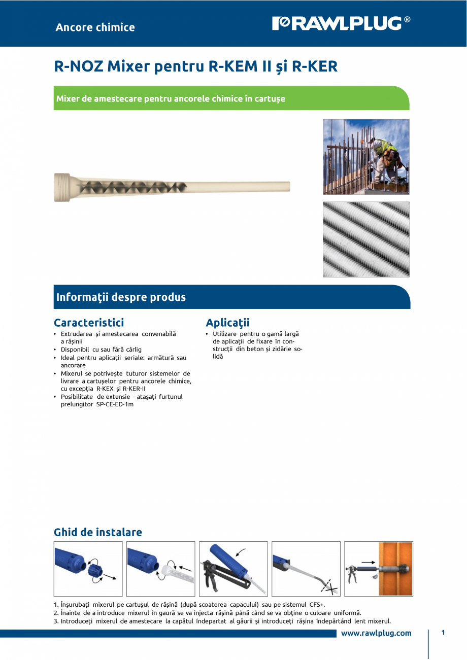 Pagina 1-Mixer de amestecare pentru ancorele chimice in cartuse R-KEM-II si R-KER RAWLPLUG R-NOZ Fisa tehnica...